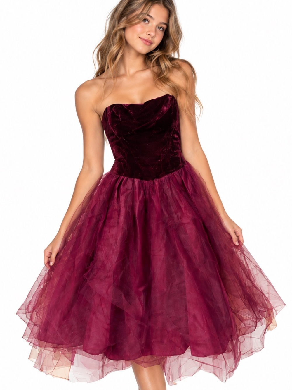 Vintage Velvet Strapless Tea Evening Dress Burgundy Plum 3 Tulle layers prom
